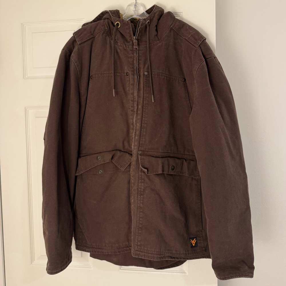 Hawx Men's Brown Weathered Camo Sherpa Lined Hooded Work Jacket in Size Men’s L